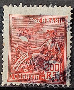 Selo Regular Cod RHM 221 Vovo Aviacao Aviao 200 Reis Filigrana F 1924 Circulado 4