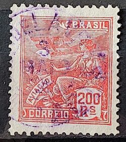 Selo Regular Cod RHM 221 Vovo Aviacao Aviao 200 Reis Filigrana F 1924 Circulado 5