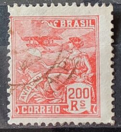 Selo Regular Cod RHM 221 Vovo Aviacao Aviao 200 Reis Filigrana F 1924 Circulado 6