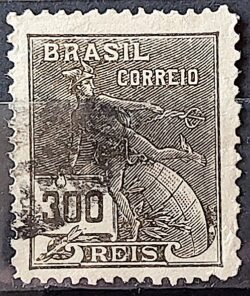 Selo Regular Cod RHM 222 Vovo Mercurio e Globo 300 Reis Filigrana F 1924 Circulado 19