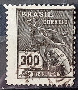 Selo Regular Cod RHM 222 Vovo Mercurio e Globo 300 Reis Filigrana F 1924 Circulado 2