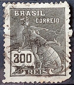 Selo Regular Cod RHM 222 Vovo Mercurio e Globo 300 Reis Filigrana F 1924 Circulado 22