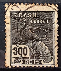 Selo Regular Cod RHM 222 Vovo Mercurio e Globo 300 Reis Filigrana F 1924 Circulado 5