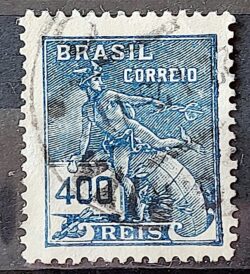 Selo Regular Cod RHM 223 Vovo Mercurio e Globo 400 Reis Filigrana F 1924 Circulado 2