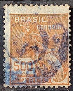 Selo Regular Cod RHM 224 Vovo Mercurio e Globo 500 Reis Filigrana F 1924 Circulado 10