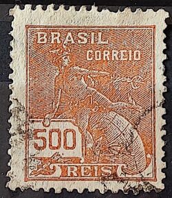 Selo Regular Cod RHM 224 Vovo Mercurio e Globo 500 Reis Filigrana F 1924 Circulado 6