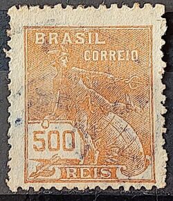 Selo Regular Cod RHM 224 Vovo Mercurio e Globo 500 Reis Filigrana F 1924 Circulado 9