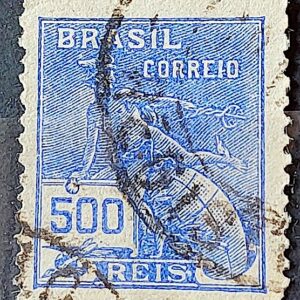 Selo Regular Cod RHM 248 Vovo Mercurio e Globo 500 Reis Filigrana D 1928 Circulado 16