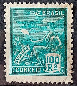 Selo Regular Cod RHM 254 Vovo Aviacao Aviao 100 Reis Filigrana H 1929 Circulado 1