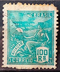 Selo Regular Cod RHM 254 Vovo Aviacao Aviao 100 Reis Filigrana H 1929 Circulado 3