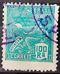 Selo Regular Cod RHM 254 Vovo Aviacao Aviao 100 Reis Filigrana H 1929 Circulado 6