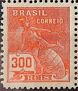 Selo Regular Cod RHM 256 Vovo Mercurio e Globo 300 Reis Filigrana H 1929