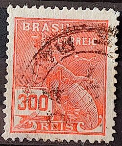 Selo Regular Cod RHM 256 Vovo Mercurio e Globo 300 Reis Filigrana H 1929 Circulado 2