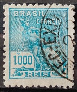 Selo Regular Cod RHM 261 Vovo Mercurio e Globo 1000 Reis Filigrana H 1929 Circulado 3
