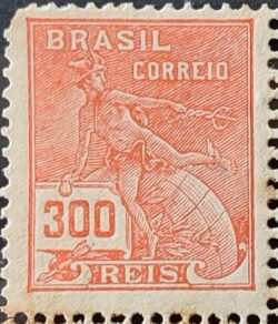 Selo Regular Cod RHM 264 Vovo Mercurio e Globo 300 Reis Filigrana H 1929
