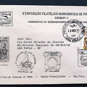 Envelope PVT 1977 Selo Dia de Acao de Graca CBC e CPD SP Piracicaba 2