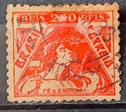 Selo Regular Cod RHM 282 Vovo Fe e Energia 200 Reis Filigrana K Religiao 1933 Circulado 3