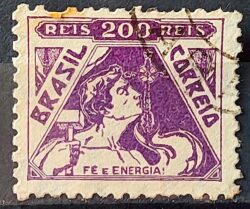 Selo Regular Cod RHM 283 Vovo Fe e Energia 200 Reis Filigrana K Religiao 1933 Circulado 6