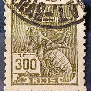Selo Regular Cod RHM 284 Vovo Mercurio e Globo 300 Reis Filigrana K 1931 Circulado 3
