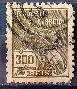 Selo Regular Cod RHM 284 Vovo Mercurio e Globo 300 Reis Filigrana K 1931 Circulado 9