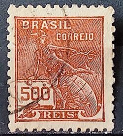 Selo Regular Cod RHM 286 Vovo Mercurio e Globo 500 Reis Filigrana K 1931 Circulado 2