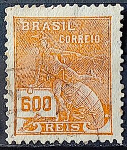 Selo Regular Cod RHM 287 Vovo Mercurio e Globo 600 Reis Filigrana K 1931 Circulado 12