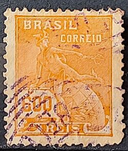 Selo Regular Cod RHM 287 Vovo Mercurio e Globo 600 Reis Filigrana K 1931 Circulado 16