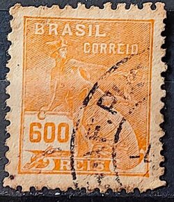 Selo Regular Cod RHM 287 Vovo Mercurio e Globo 600 Reis Filigrana K 1931 Circulado 5