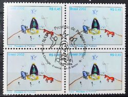 C 2495 Selo Natal Presepio de Portinari Arte Vaca Burro Religiao 2002 Quadra CBC RJ