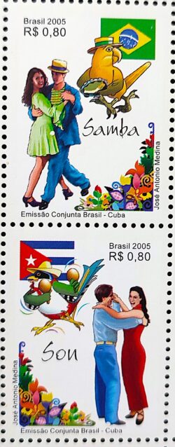 C 2627 Selo Emissao Conjunta Brasil Cuba Son Bandeira Danca Ave 2005 Serie Completa Setenant Vertical