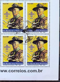 C 2689 Selo 100 Anos do Escotismo Baden Powel Escoteiro 2007 Quadra CBC SP Vinheta Site