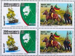 C 2695 Selo 200 Anos Giuseppe Garibaldi Revolucao Farroupilha Navio Cavalo 2007 Quadra Serie Completa Setenant