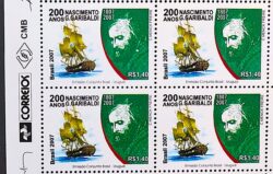 C 2695 Selo 200 Anos Giuseppe Garibaldi Revolucao Farroupilha Navio Cavalo 2007 Quadra Vinheta Correios