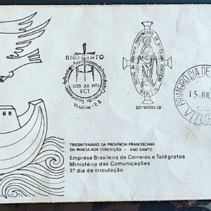 Envelope FDC 071 1975 Tricentenario da Provincia Franciscana Religiao CBC e CPD ES