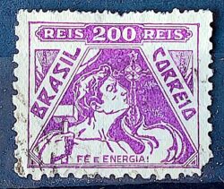 Selo Regular Cod RHM 301 Vovo Fe e Energia 200 Reis Filigrana N Religiao 1936 Circulado 1