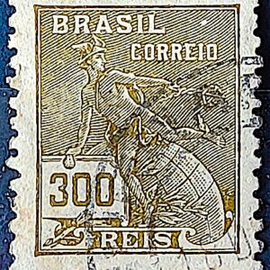 Selo Regular Cod RHM 302 Vovo Mercurio e Globo 300 Reis Filigrana N 1936 Circulado 8