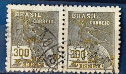 Selo Regular  RHM 302 Vovo Mercurio e Globo 300 Reis Filigrana N 1936 Par Circulado 3