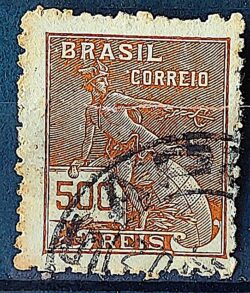 Selo Regular  RHM 304 Vovo Mercurio e Globo 500 Reis Filigrana N 1936 Circulado 8