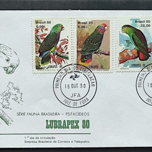 Envelope FDC 208 1980 Pscitacideos Aves Passaros Papagaio Lubrapex CPD Juiz de Fora