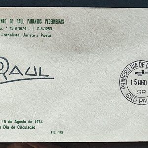 Envelope PVT 195 FIL 1974 Centenario Raul Paranhos Pederneiras CPD SP
