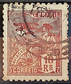 Selo Regular Cod RHM 318 Vovo Aviacao Aviao 10 Reis Filigrana O 1939 Circulado 5