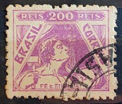 Selo Regular Cod RHM 322 Vovo Fe e Energia Religiao 200 Reis Filigrana O 1939 Circulado 4