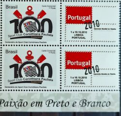 C 3029 Selo Personalizado Corinthians Futebol 2010 Horizontal Portugal Quadra Vinheta Paixao Preto e Branco