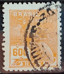 Selo Regular Cod RHM 324 Vovo Mercurio e Globo 600 Reis Filigrana O 1939 Circulado 9