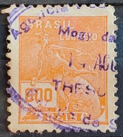 Selo Regular Cod RHM 324A Vovo Mercurio e Globo 600 Reis Filigrana O 1940 Circulado 2