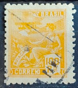 Selo Regular Cod RHM 329 Vovo Aviacao Aviao 100 Reis Filigrana P 1940 Circulado 1