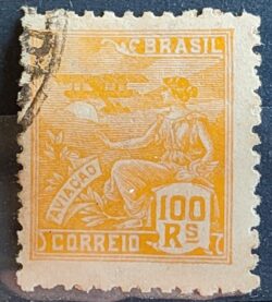 Selo Regular Cod RHM 329 Vovo Aviacao Aviao 100 Reis Filigrana P 1940 Circulado 7