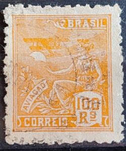 Selo Regular Cod RHM 329 Vovo Aviacao Aviao 100 Reis Filigrana P 1940 Circulado 8