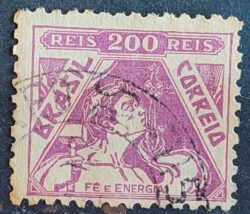 Selo Regular Cod RHM 330 Vovo Fe e Energia Religiao 200 Reis Filigrana P 1940 Circulado 6