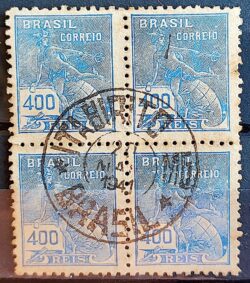 Selo Regular Cod RHM 331 Vovo Mercurio e Globo 400 Reis Filigrana P 1940 Quadra Circulado 3